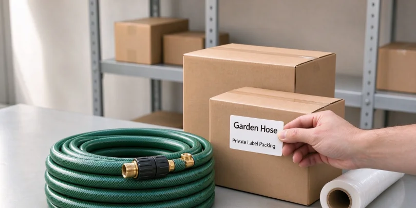 Green reinforced PVC garden hose coil beside kraft cartons on a packing table, with a hand applying a Garden Hose private label packing label