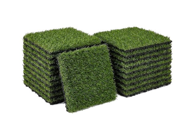 Interlocking artificial grass tiles for outdoor decks