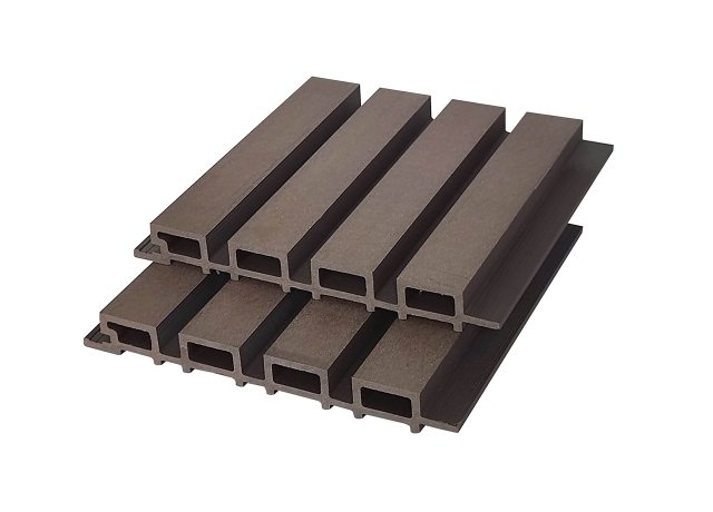 WPC fluted panel with vertical grooves outdoors