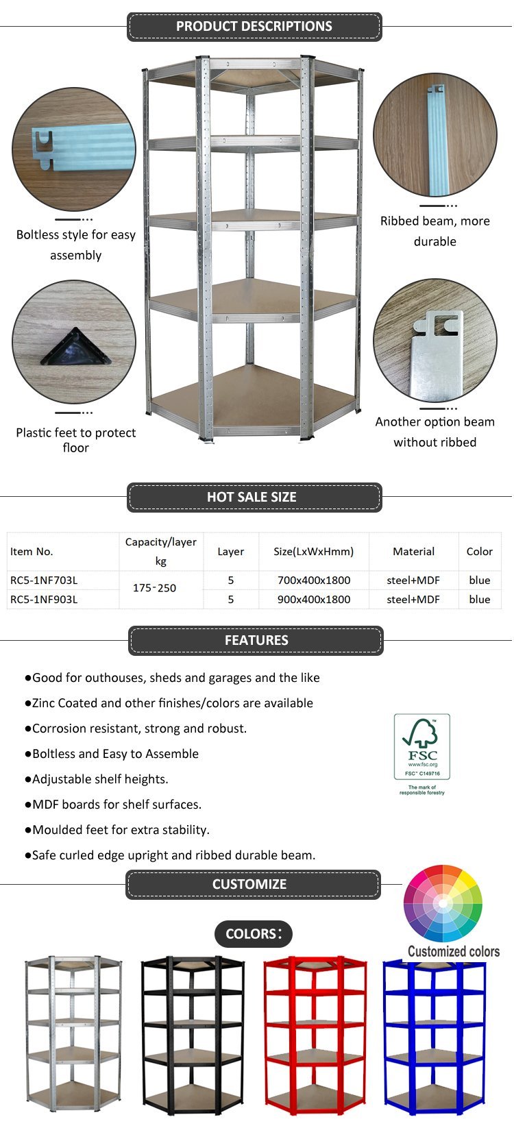 Corner Shelving 80-275kg Capacity 5Layer Slotted Corner Shelving Unit