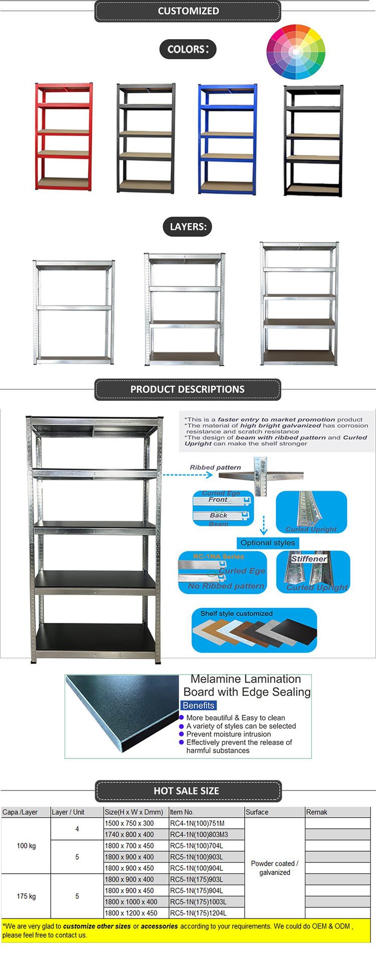Laminated Board Shelves 175kg Capacity Galvanized Adjustable Boltless Shelving