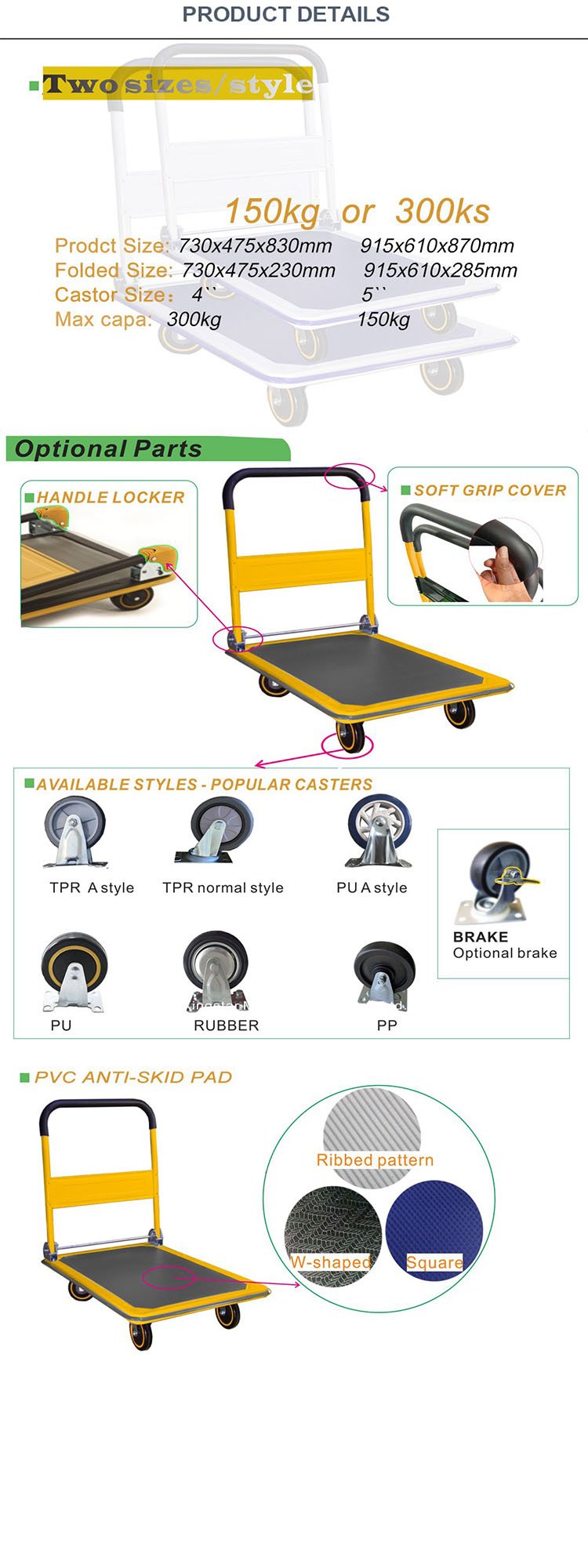 Platform Hand Trolley, PU Castor，Soft Hanle Cover