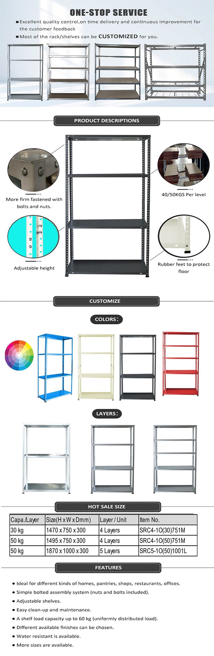 Light Duty 30-50kg Bolted Metal Shelving With Metal Shelves