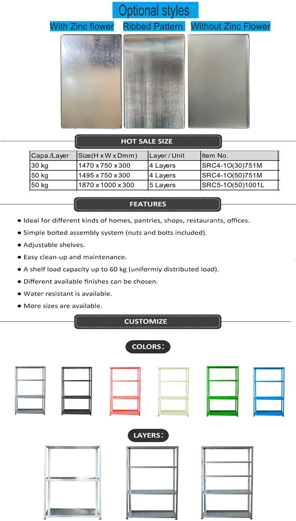 Light Duty 30-50kg Bolted Metal Shelving With Metal Shelves