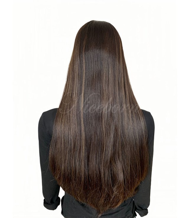 Super Long Length 28inch Human Hair Natural Density Lace top wig Brown with Highlight #4-14