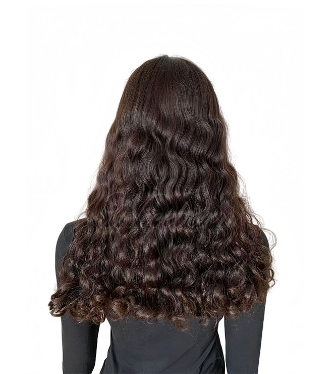 Natural Brown Virgin European Hair 22inch Lace Top Wig Air Dry Wavy 