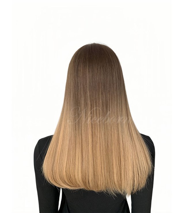 Warm golden long lasting human hair lace top wig #10/16/22
