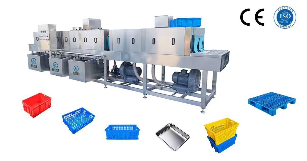 High-capacity industrial tunnel crate washing machine for food processing sanitation by Henger technology