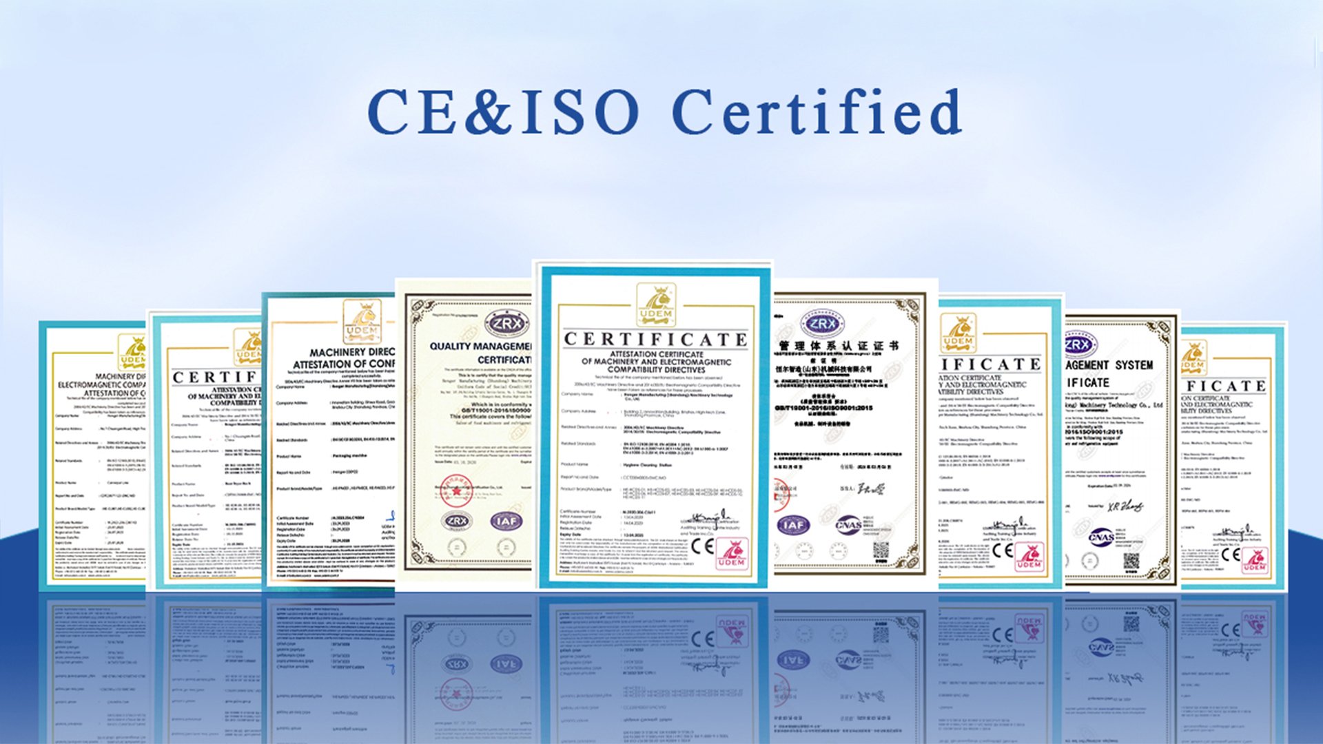 Henger Technology CE ISO SGS certification documents for hygiene equipment