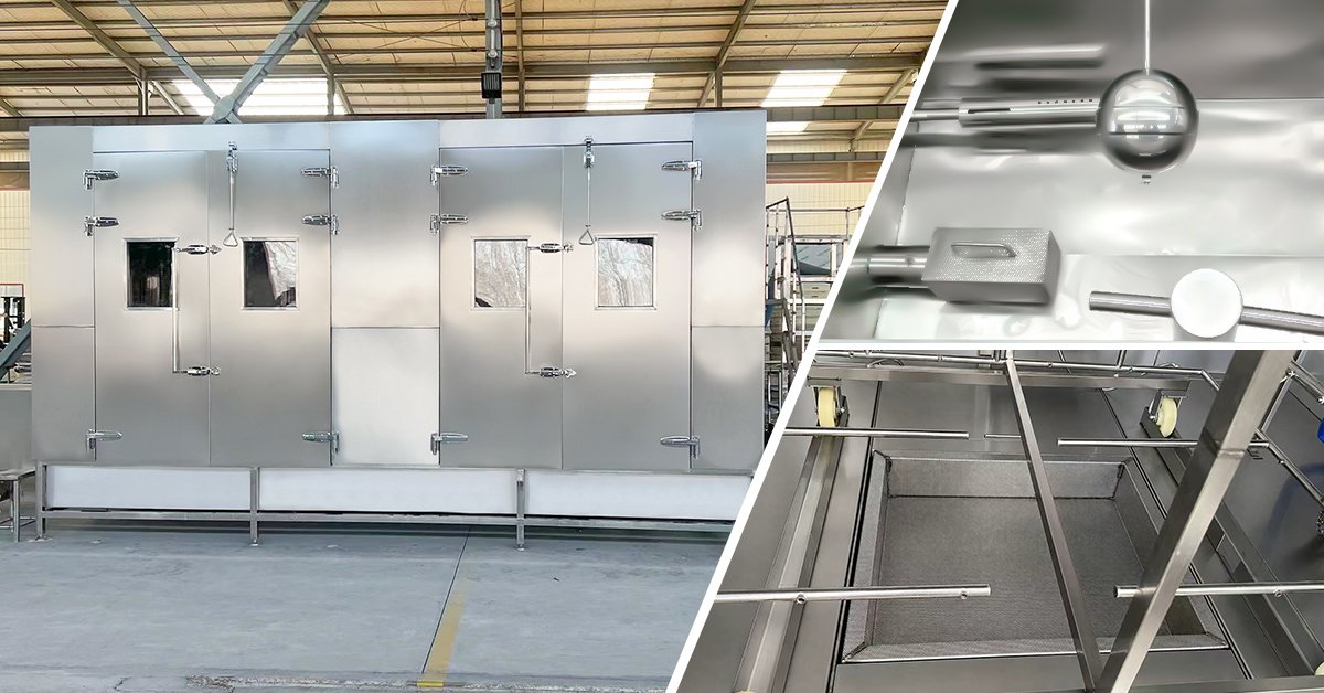 SCW-560 smokehouse rack cart washer showing maintenance access panels and nozzle array