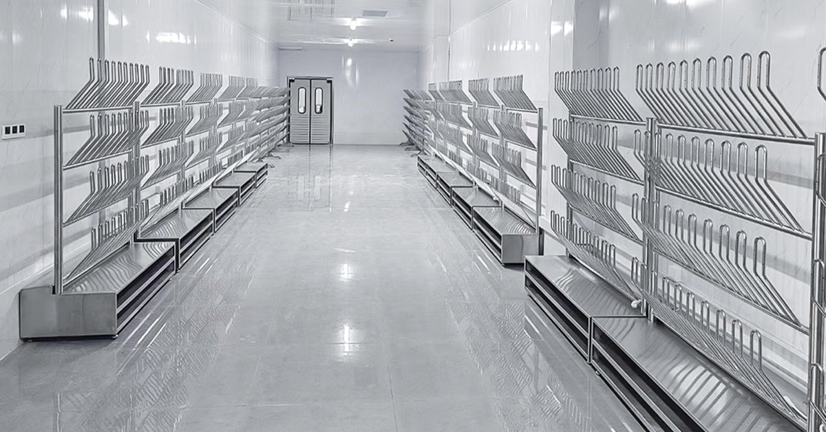 Henger Technology stainless steel lockers and boot drying rack installed in European food processing plant changing room