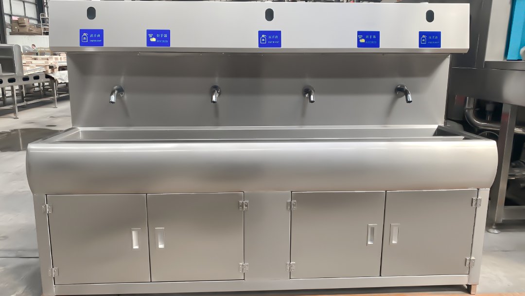Henger Technology hand wash disinfection station application in food processing factory entrance