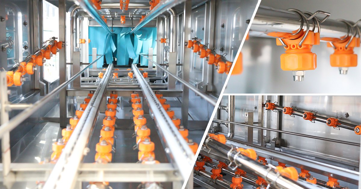 Close-up of quick-release nozzles providing 360-degree spray coverage inside crate washing tunnel