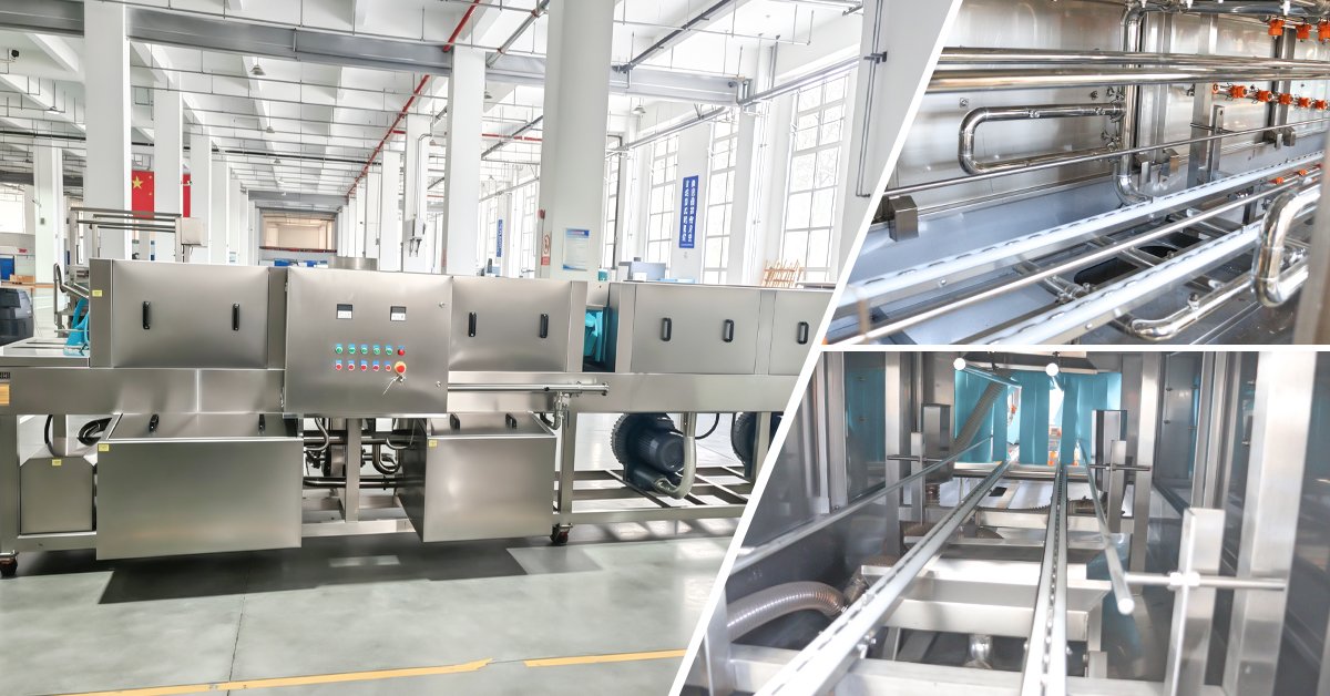 HE-4800 crate washing machine four-stage tunnel system with visible spray zones and dual-track conveyor