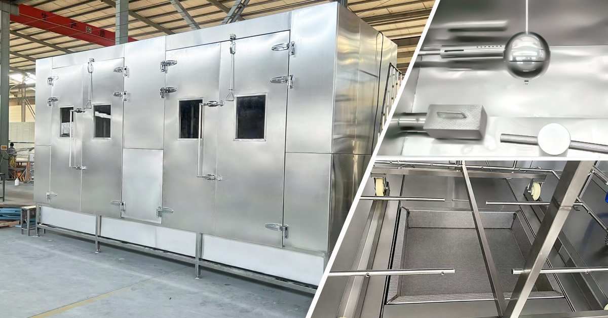 Automated smokehouse rack cart washing machine SCW-560 installed in a meat processing plant wash bay