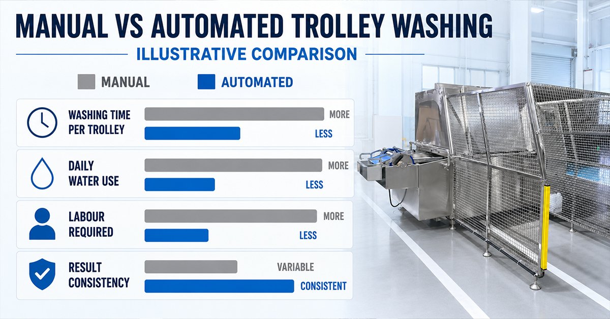 Manual versus automated meat trolley washing comparison chart: time, water, labour and consistency