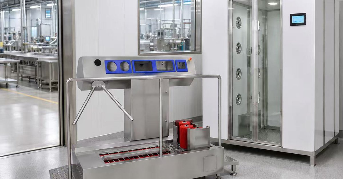 Personnel entry hygiene sequence with air shower room, boot washing machine and hand wash station at food plant entrance