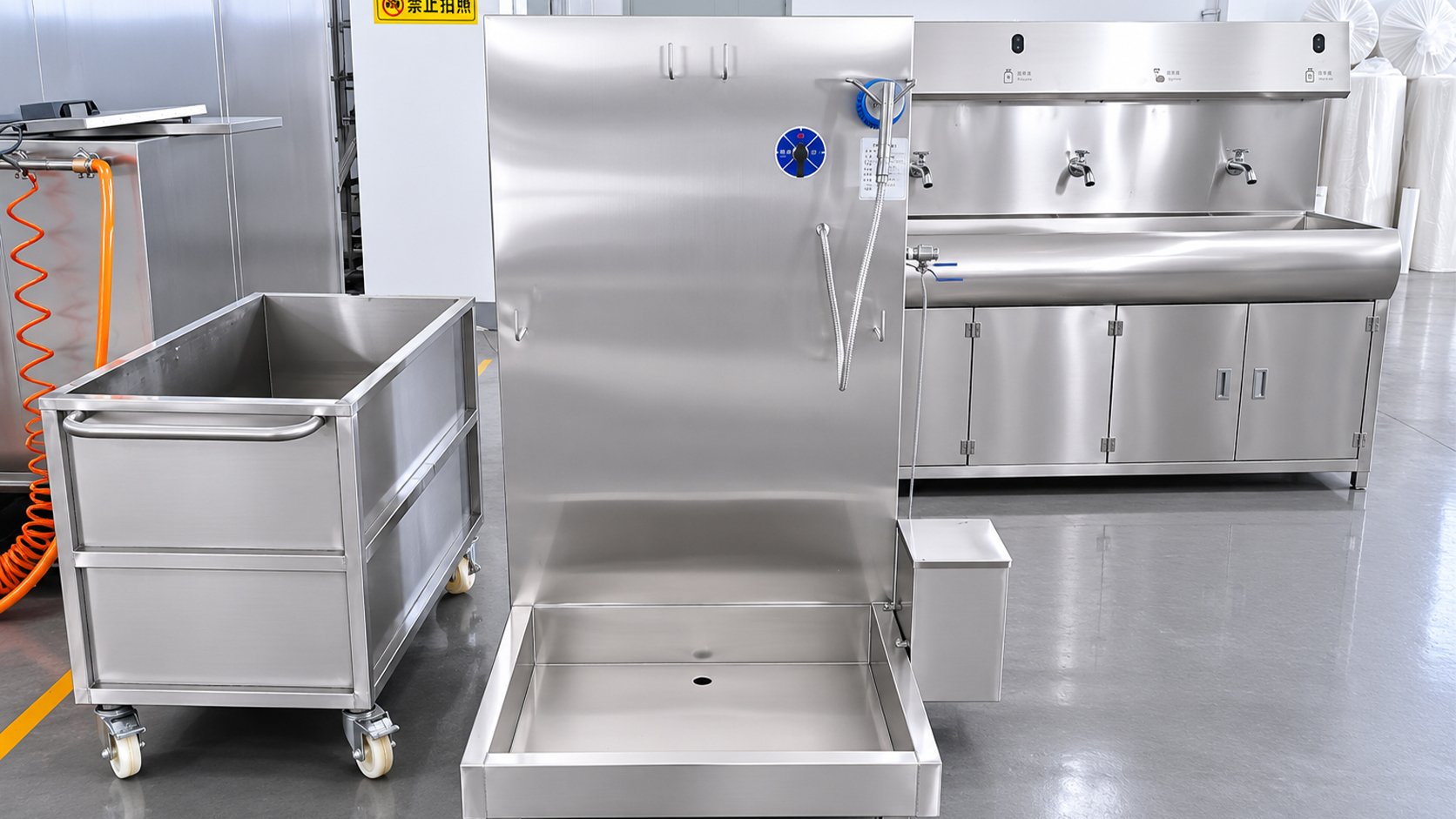 Apron washing machine installed in a food plant changing room with automatic water-powered wash and sanitize cycle