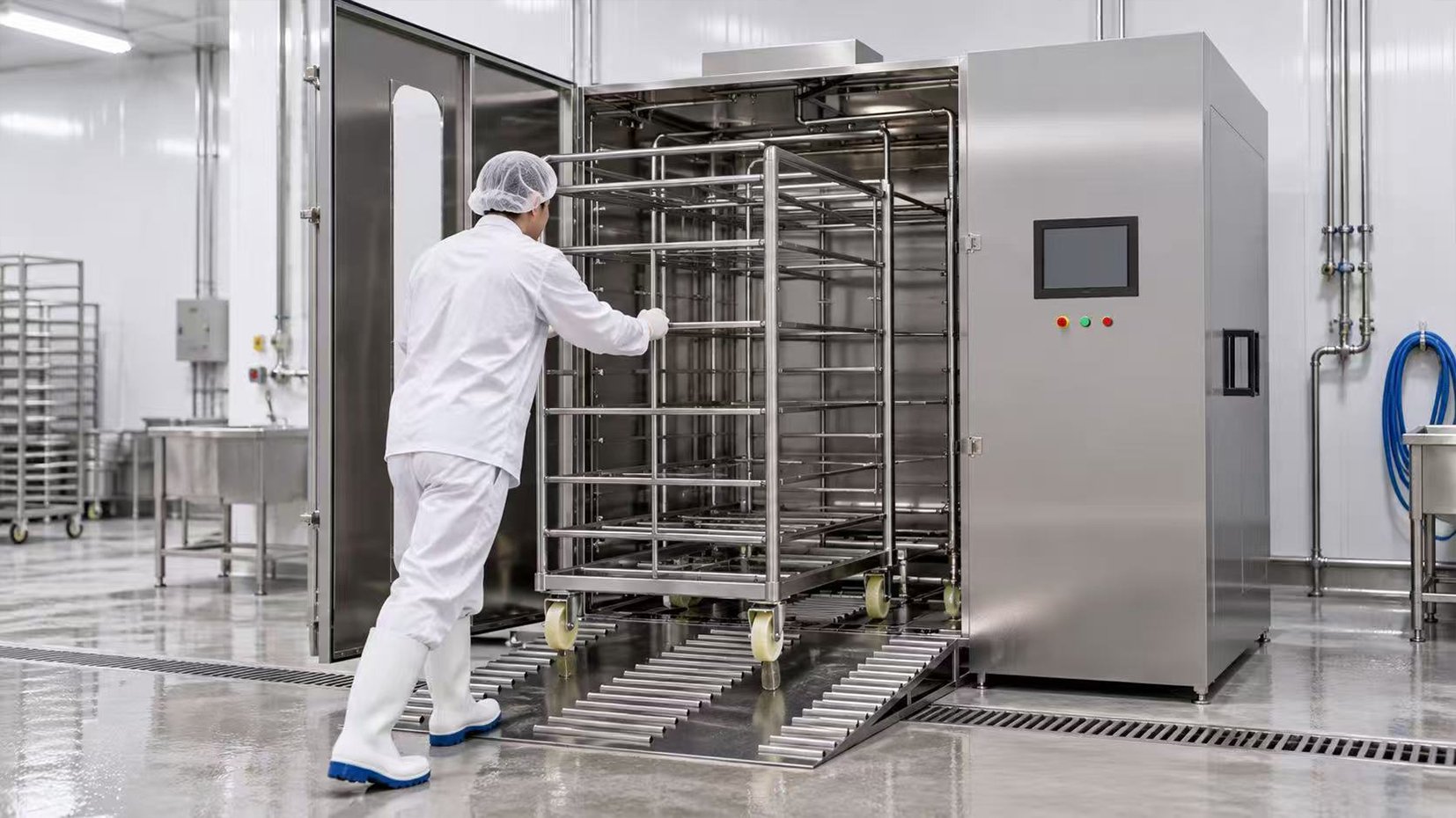 smokehouse rack carts being cleaned by Henger rotary rack cart washer in sanitary zone