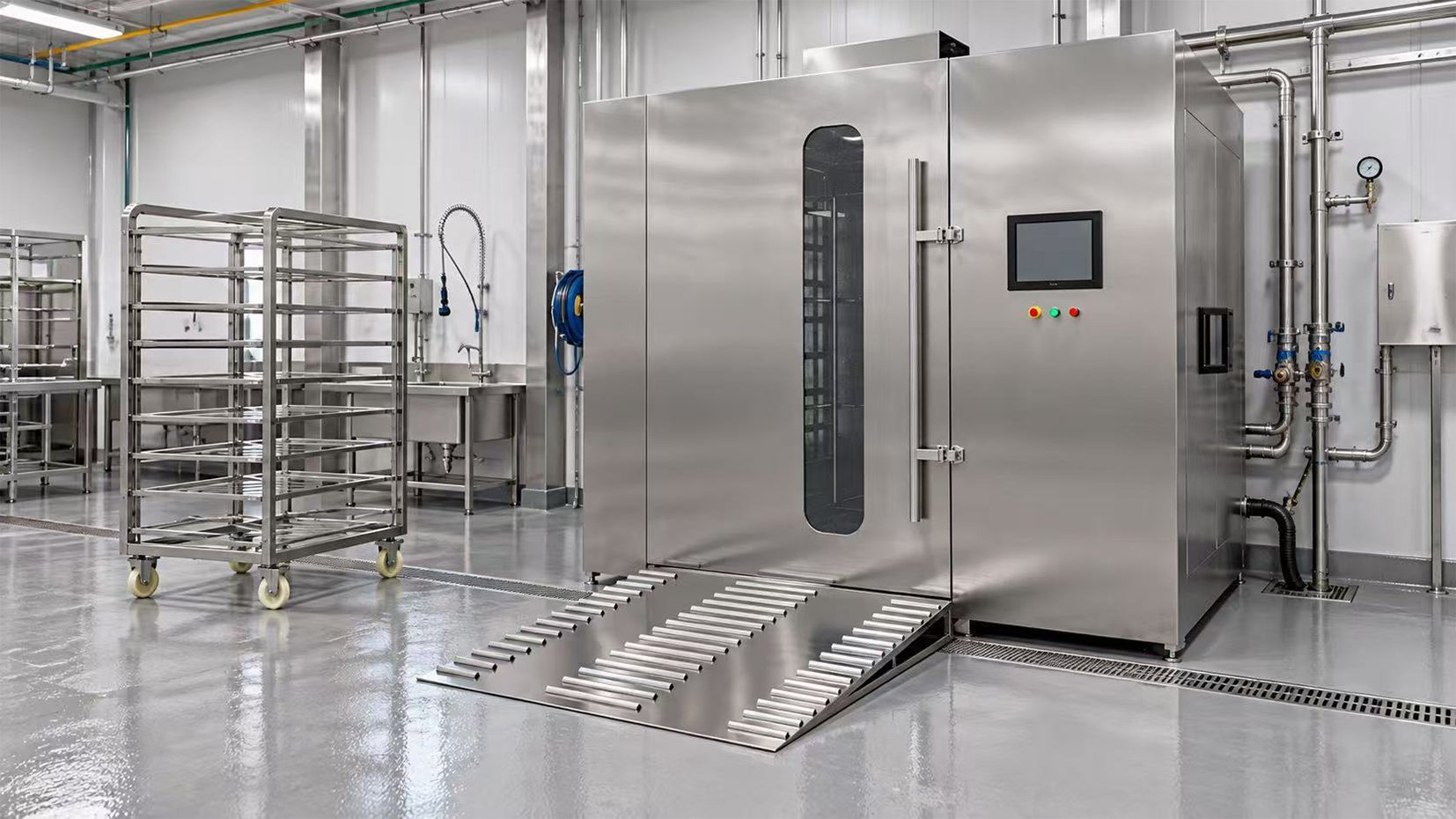 Henger smokehouse rack cart washer installed in meat processing plant hygiene wash area