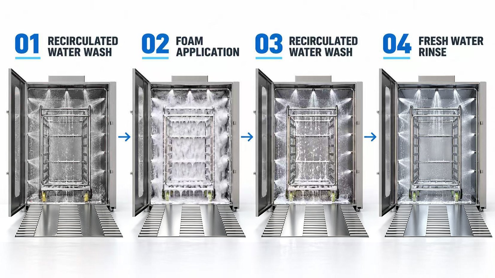 Henger smokehouse rack cart washer working process circulation wash foaming clean water rinse flowchart