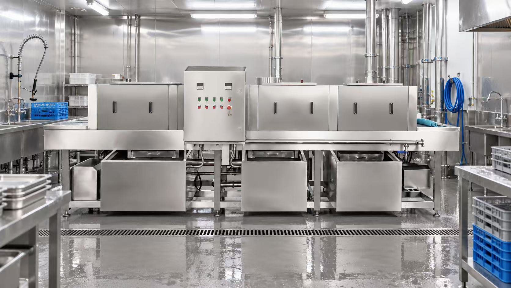 Tunnel-type crate washing machine washing returnable crates and transport boxes in a central kitchen wash room