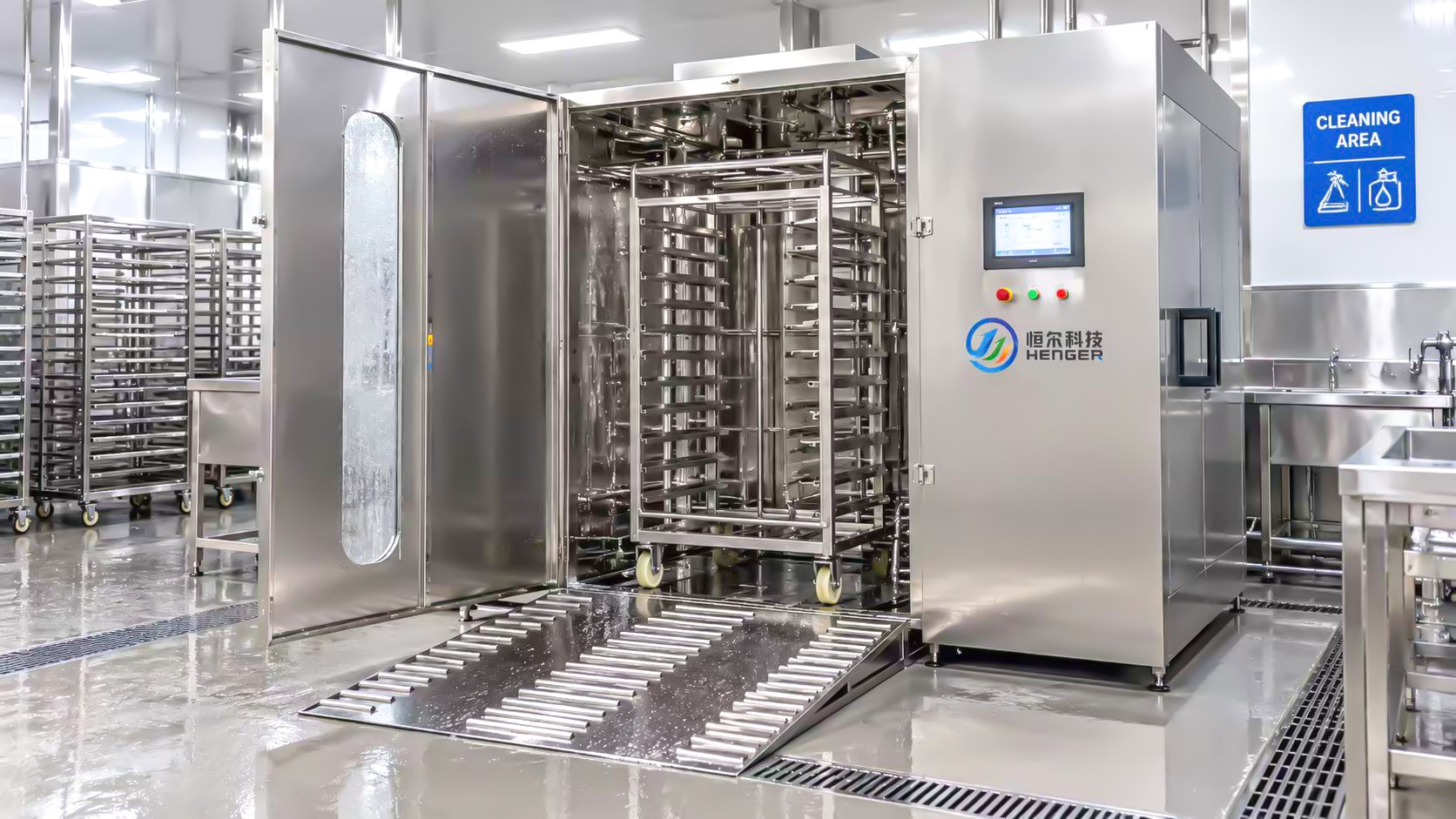 SCW-580 rack cart washer cleaning a combi oven cart in a central kitchen wash area。