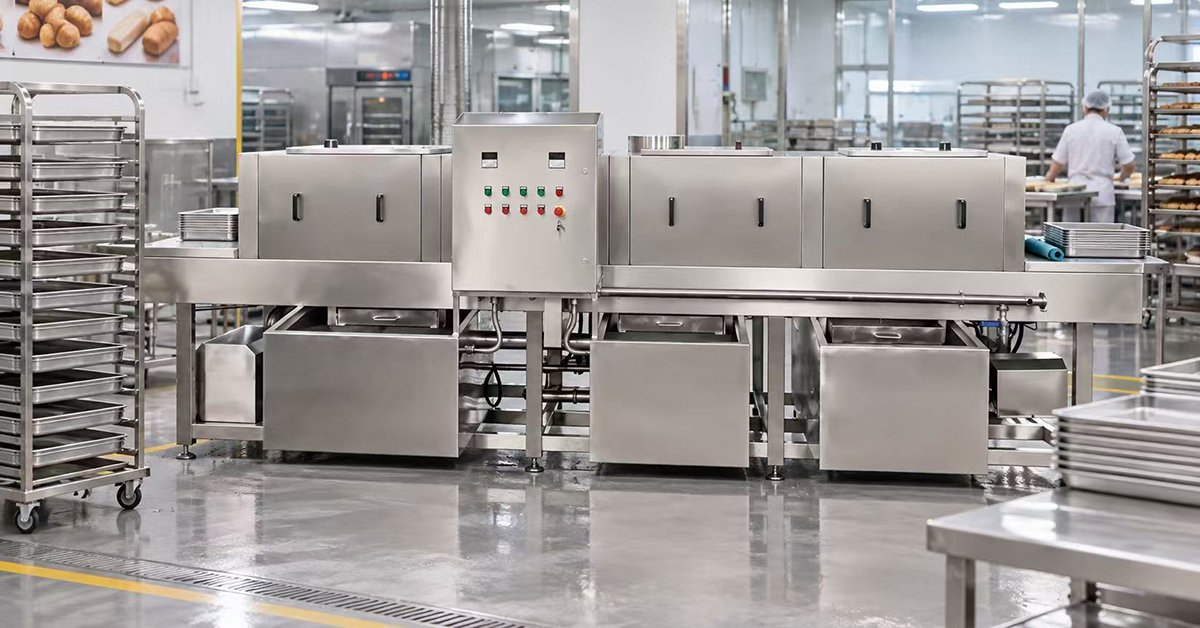 Tunnel-type crate and tray washing machine handling bakery trays and stackable containers