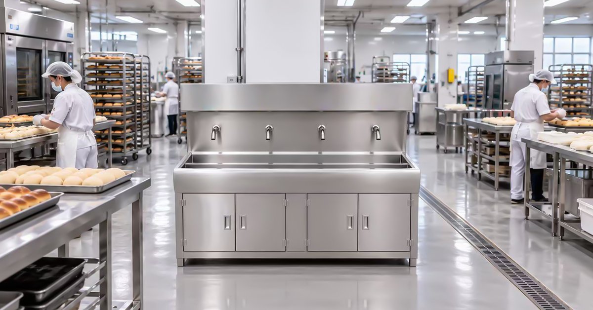 Stainless steel hand washing and disinfection station installed in a bakery changing area